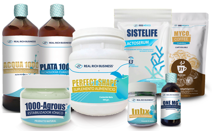 Productos RRB: Acqua 1000, Plata 1000, Perfect Shape, Sistelife Lactoserum, Myco Coffee, 1000-Agrous, Inbx y One MG